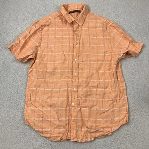 Perry Ellis Linen Blend Button-Up Shirt Men's XL Short Sleeve Orange Plaid - Picture 1 of 7
