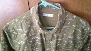Sonoma XL White Pearl Snap Short Slv Shirt Bird/Waves Dark Green 2-Pocket NICE! - Picture 1 of 17