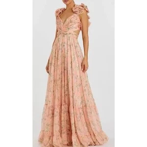 Mac Duggal Floral Cut Out V Neck Chiffon Gown Pink Multi Womens Size 8 - Picture 1 of 3