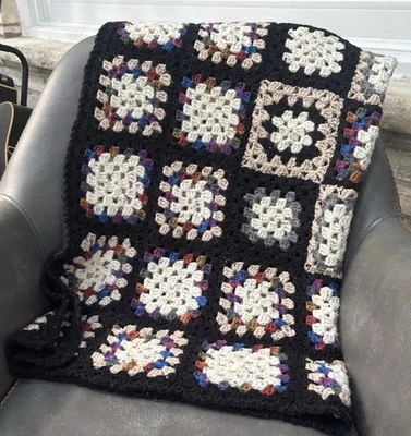 Handmade Crochet Granny Square Small Lap Blanket 39in x 37in Black - Image 1 of 4