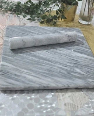 Large footed Pastry Marble Board With Marble Roller 38cm x38cm Grey - Image 1 of 4