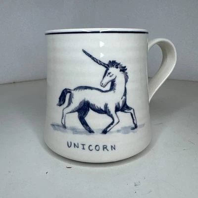 Molly Hatch Anthropologie Unicorn Coffee Mug White Blue Stonewear Collectible - Image 1 of 4