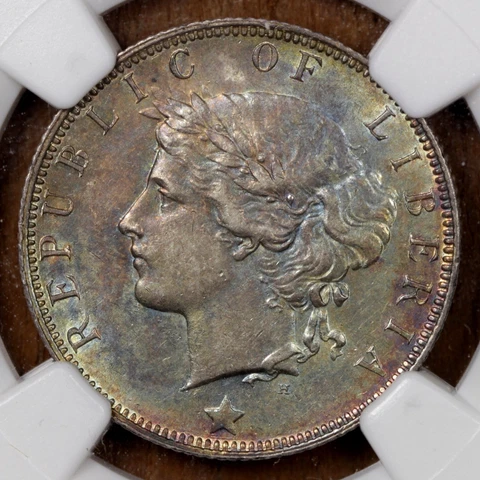 1896-H Liberia Silver 25 Cents Coin NGC AU-58 Double-Sided Toning Mintage 15000 Cover