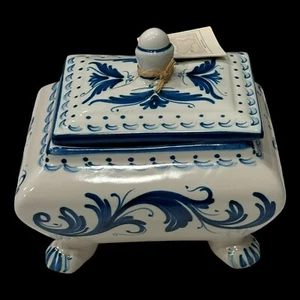 Ceramica D'Arte Di Epoca Antica Scatola Portagioie Italiana Piedi Blu e Bianco con Coperchio - Foto 1 di 14