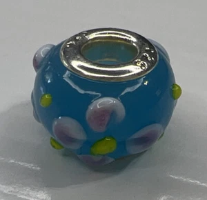 Dije deslizante de cristal de Murano de plata de ley 925 Italia cuentas azul cielo blanco flores - Imagen 1 de 6