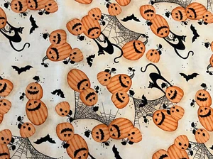 Tela de algodón de Halloween para gatos y calabazas negras / 100 % algodón / se vende por yarda - Imagen 1 de 1