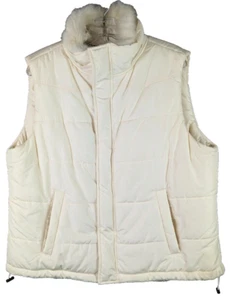 Chaps Puffer Vest Womens Sz XL Beige Faux Fur Collar Snap Zip pockets Outdoor - Picture 1 of 12