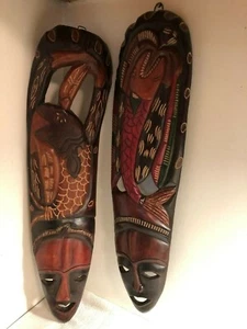 Pair Of 2- Hand Carved (African?) Wall Mount Wooden Face Masks - Male/Female Set - Picture 1 of 12