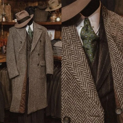 Herringbone Wool Blend Coat Men Long Overcoat Double Breasted Winter Business - Image 1 of 4
