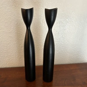 Set/2 Danish Modern Black 11.5" Turned Teak MCM Candle Sticks | Holders Denmark - Picture 1 of 7