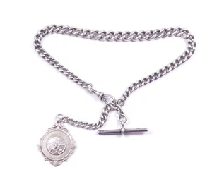Antique Albert Chain Sterling Silver With Football Fob Medal & T Bar 60.8g - Picture 1 of 12