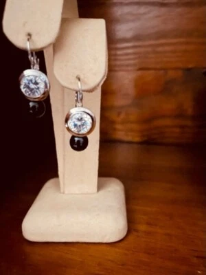 Silver Tone Cubic Zirconia and Black Round Glass Stone Earrings - Image 1 of 4