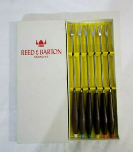 Reed & Barton Boxed Set 6 Wood Handled Color Coded Stainless Steel Fondue Forks - Picture 1 of 10