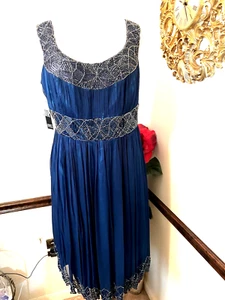 Nuevo con etiquetas Vestido Adrianna Papell Talla 18W Zafiro Seda Cuentas Imperio Griego Regencia - Imagen 1 de 24