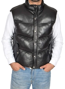 Men's Black Leather Puffer Vest Genuine Lambskin Leather Quilted Padded Vest - Picture 1 of 7