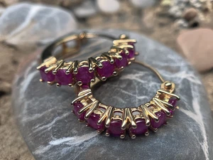 Pendientes estilo aro rubí natural de oro amarillo de 14K para mujer - Imagen 1 de 6