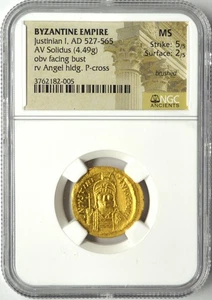 BYZANTINE EMPIRE AD 527-565 JUSTINIAN I AV SOLIDUS(4.49G) NGC ANCIENTS MS - Picture 1 of 2