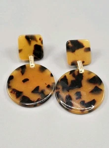 Vtg Faux Tortoise Shell Linked Hoop Acrylic Earrings Statement Dangle Clip Drop - Picture 1 of 3