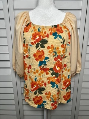 Cato цветочный Puff рукав квадратный шеи со сборками эластичной Топ женский размер маленький - Изображение 1 из 4