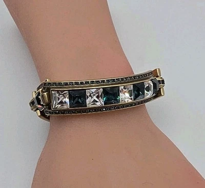 Vintage Heidi Daus Blue & White Large Rhinestone Halo 7" Panel Bracelet Bronze - Image 1 of 4