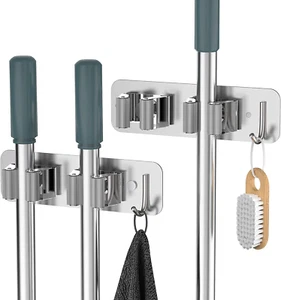 Mop Broom Holder Wall Mounted SUS304 Stainless Steel, Mop Broom Organizer with 2 - Picture 1 of 12