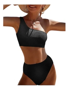Women’s One Shoulder 2 Piece Bikini Set Ribbed Swimsuit Tummy Control M - Picture 1 of 5