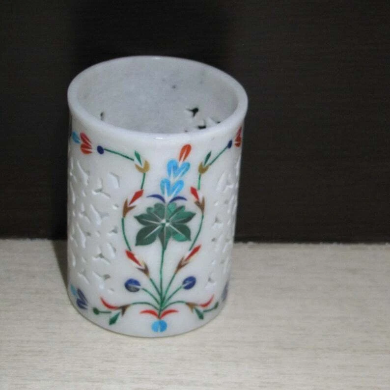 4" Marble Pen Stand Holder Multi Stones Inlay Marquetry Art Beautiful Gift E1327 - Image 1 of 1