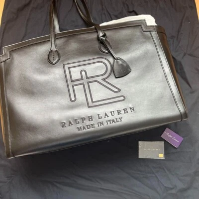 Auténtico bolso de mano de cuero de becerro Ralph Lauren Collection negro Italia logotipo RL Foto 1 de 4