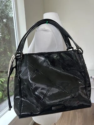 $895+ Burberry Embossed Black Patent BILMORE Large Tote Handbag ITALY - Image 1 of 4
