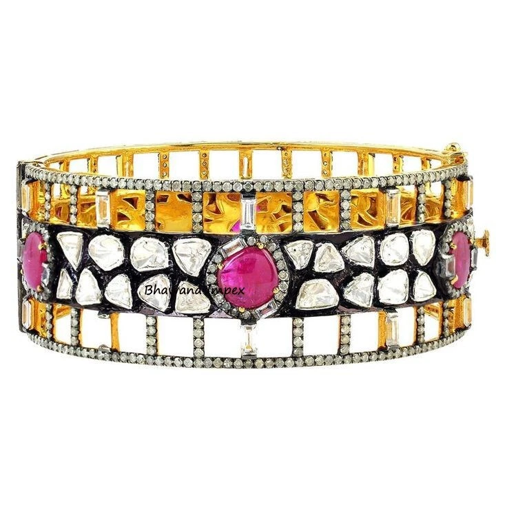 Natural Polki Diamond & Ruby Wedding Bangle Jewelry 925 Sterling Silver Jewelry - Image 1 of 1