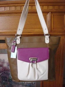 NWT~BUXTON  BROWN, IVORY & VIOLET GENUINE LEATHER TOTE SHOULDER BAG W/DUST BAG - Picture 1 of 11