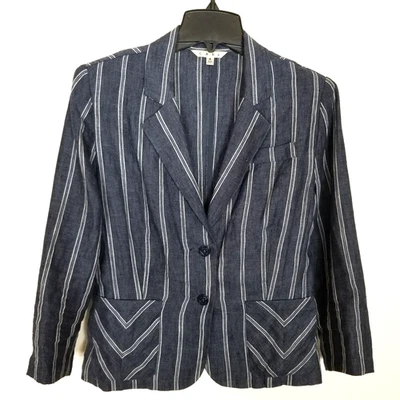CAbi Womens Navy & White Striped 100% Linen Blazer Sz 8 Nautical Preppy Button  - Image 1 of 4