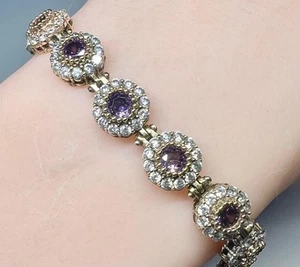 Genuine Amethyst Diamond Bracelet 14K Gold on SOLID 925 Halo Tennis Round - Picture 1 of 13
