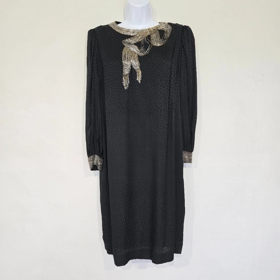 Francesca of Damon Beaded Silk Dress Women 10 Vtg 80s Glam Goth Cocktail Elegant - Image 1 of 4