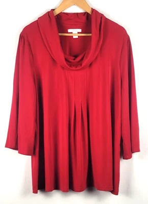 Dress Barn Woman 18/20 Cowl Neck Pleated Tunic Top Red 3/4 Sleeve Elegant Career - Image 1 of 4