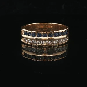 14k Yellow Gold Blue Sapphire and 0.50cttw Diamond Band Ring Size 9 - Picture 1 of 7