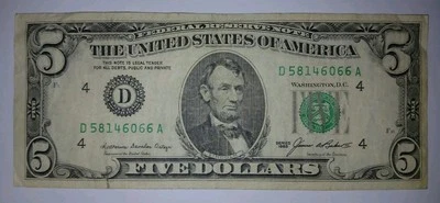 Billete de 5 dólares Cleveland serie 1985 antiguo (D 58146066 A) lavado D.C. Instalación Foto 1 de 2
