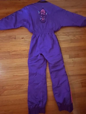 Vintage Obermeyer Brushstroke Purple Coverall Ski Snow Suit & Mittens Set Size 8 - Image 1 of 4