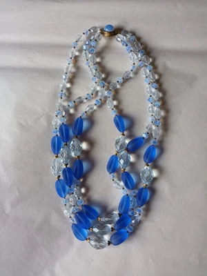 Ancien collier 3 rangs perles en verre opalescent bleu transparent années... - Photo 1/4