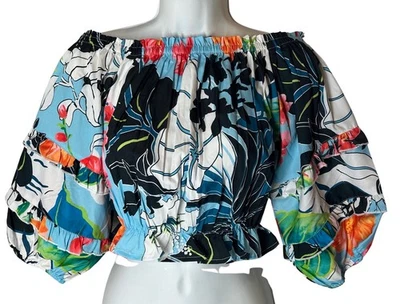 NEW Rachel Zoe Floral Cropped Top S Black Blue Pink Floral Off Shoulder NWT - Image 1 of 4