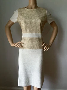 VESTIDO DE NOCHE ST JOHN TALLA 4 VESTIDO BLANCO CREMA BRILLANTE DORADO TWEED TEJIDO LANA - Imagen 1 de 8