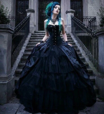 Gothic Black Wedding Dress Punk Style Strapless Country Vintage Victorian Gowns - Image 1 of 4