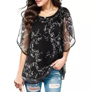 Womens Ruffle 3/4 Sleeve Blouses Loose Flowy Tops Stretchy Shirts Plus Size Tops - Picture 1 of 17