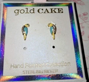 Gold Cake Parrot 🦜 Earrings Hand Painted Collection Sterling Silver New - Picture 1 of 5