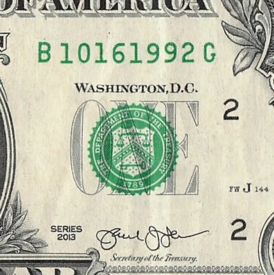 OCT 16 1992 Birthday Date Note Fancy Serial Number One Dollar Bill 10 16 1992 - Image 1 of 4