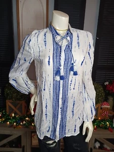 Chico's Damen lange Puffärmel Boho Bluse Größe 0 weiß blau Batik Quasten - Bild 1 von 11