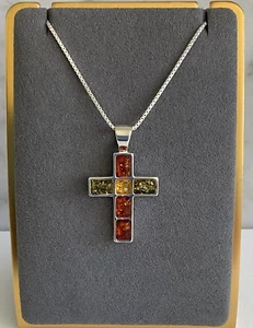 Natürliches mehrfarbiges Bernstein Kreuz in 925 Sterlingsilber und 18" Italien Box Kette - Bild 1 von 10