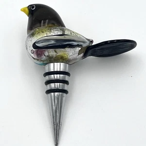 Hand Blown Glass Yellow Black Bird Wine Bottle Stopper - Picture 1 of 15