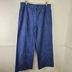 M&s Blue Linen Cotton Blend Wide Leg Denim Look Trousers Chambray UK 18 30" L - Picture 1 of 19