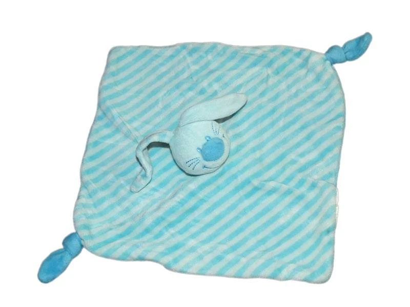 Doudou plat lapin bleu rayures blanches Babou 2 noeuds - Photo 1/1